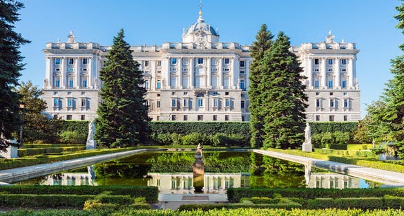 Photo of royal Palace in Madrid, Spain viewed from the sabatini gardens.