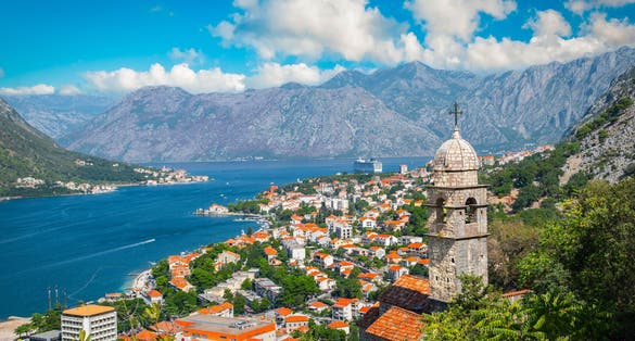 Panoramic landscape with old church in Kotor, Montenegro.