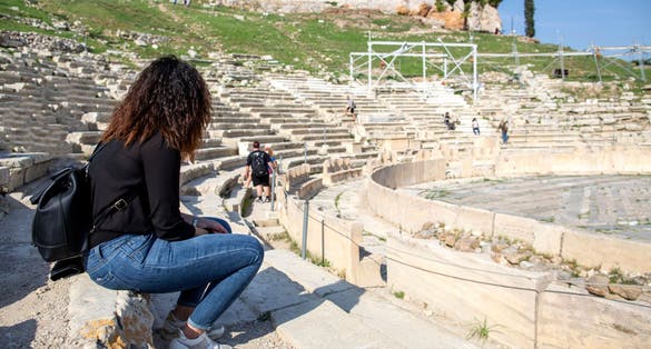 photo of Theatre of Dionysus at the foot of Acropolis in Athens, Greece. It is one of the main landmark of Athens. Scenic panorama of ancient Greek ruins of Theatre of Dionysus.,Athens Greece.
