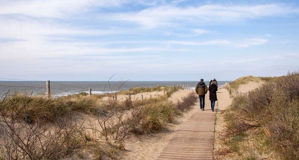 photo of people walking on wooden deck in the dunes of 'Meijendel' near Wassenaar in the Netherlands.