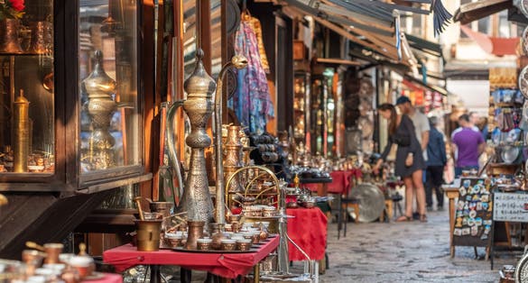 Photo of traditional shops in historical center of Sarajevo, Bascarsija. 
