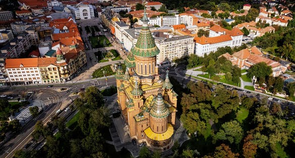 Aerial view of the Mitropolitan Cathedral of Timisoara in Romania.