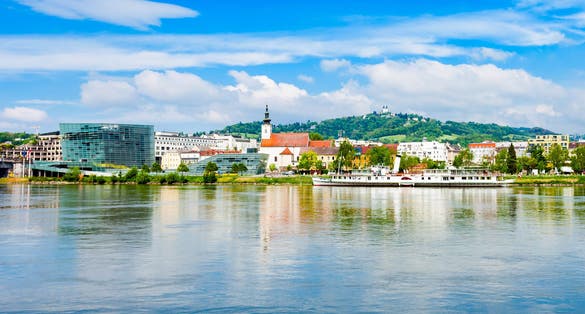 Photo of Linz city centre and Danube river in Austria.