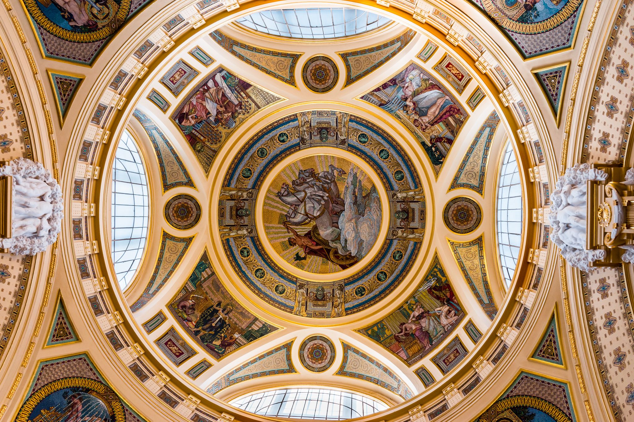 Photo of the extremely beautiful ceiling of the entrance of the Széchenyi Thermal Bath, which is the largest medicinal bath in Europe.