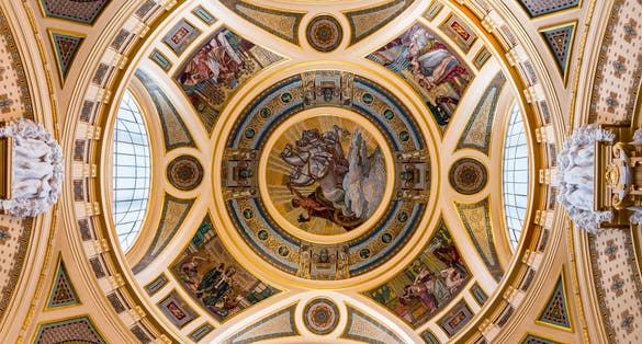 Photo of the extremely beautiful ceiling of the entrance of the Széchenyi Thermal Bath, which is the largest medicinal bath in Europe.