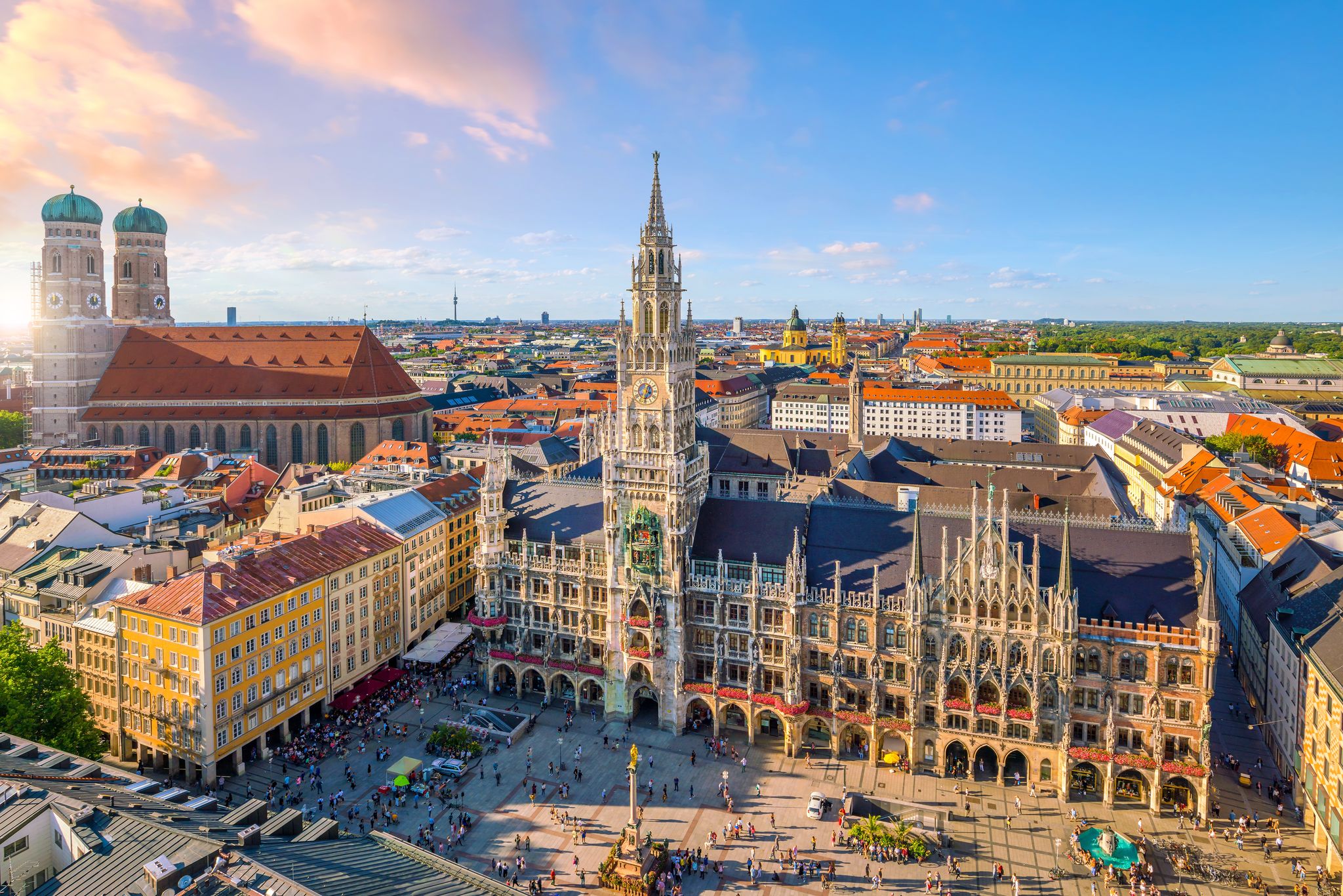 Photo of Munich skyline with Marienplatz town hall in Germany.