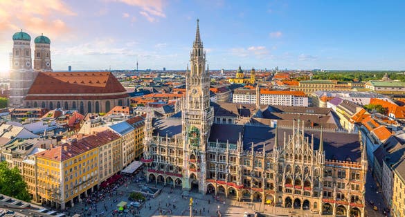 Photo of Munich skyline with Marienplatz town hall in Germany.
