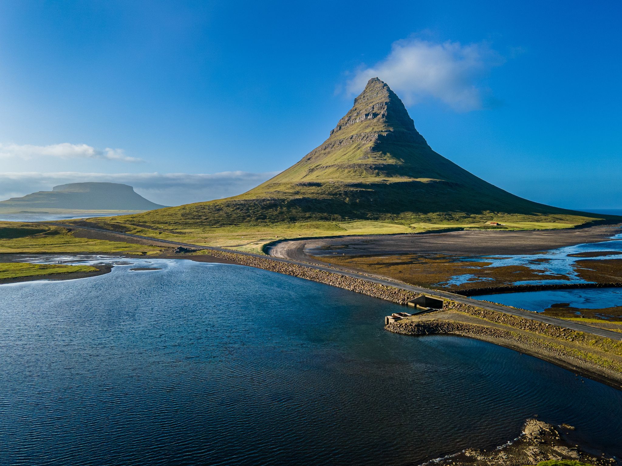 photo of beautiful aerial view of the kirkjufell high mountain in Iceland.