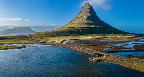 photo of beautiful aerial view of the kirkjufell high mountain in Iceland.