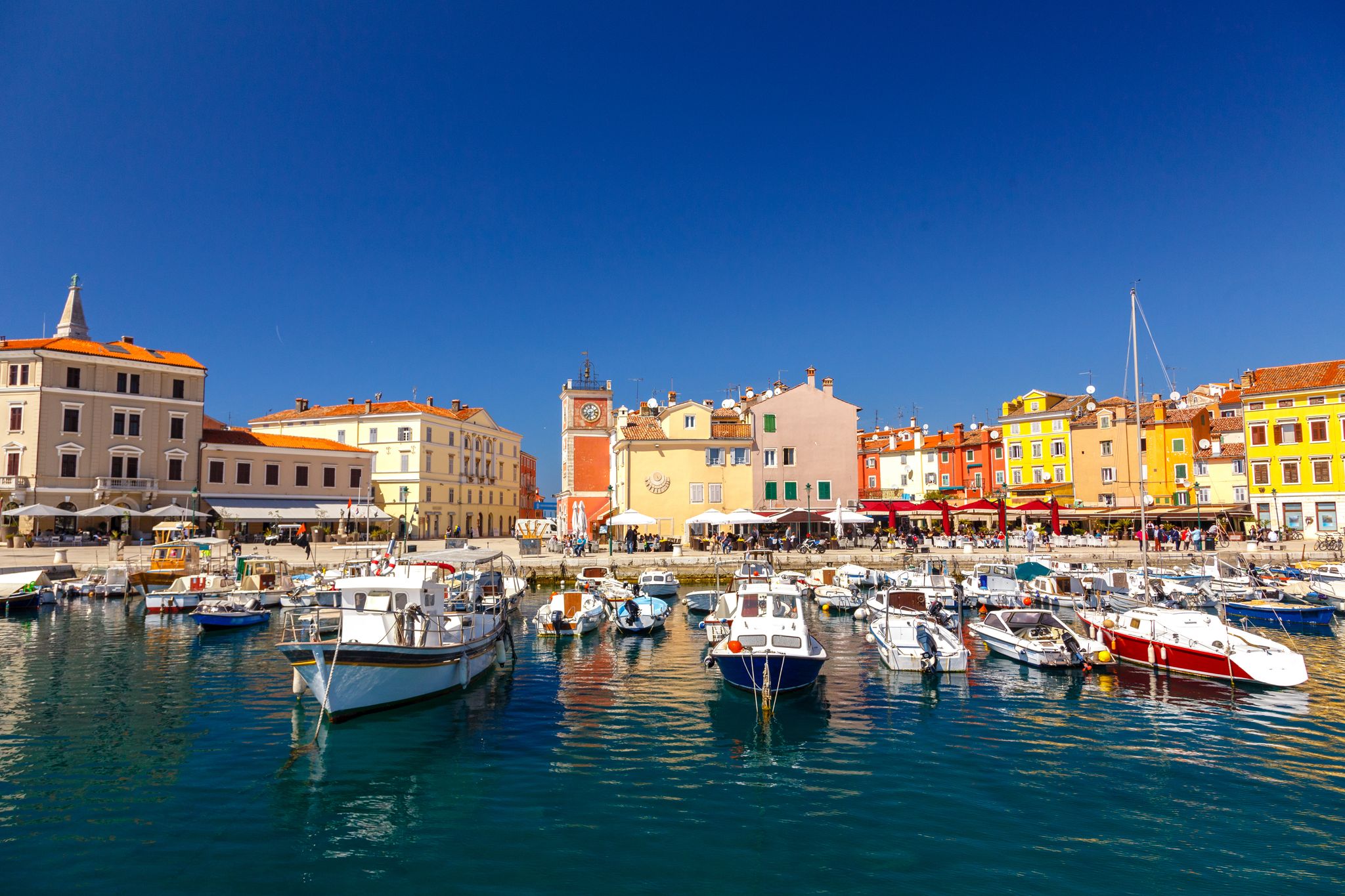 Photo of aerial view of town of Rovinj historic peninsula , famous tourist destination in Istria region of Croatia.