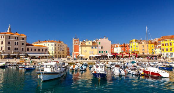 Photo of beautiful colorful medieval town of Rovinj Istria, Istrian peninsula, Croatia.