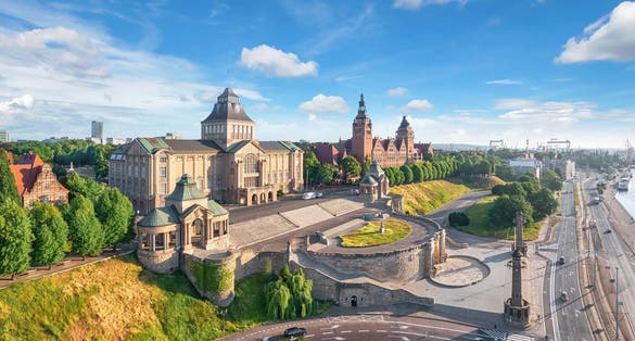 Photo of aerial view of historic buildings on the left bank of West Oder river in Szczecin, Poland.