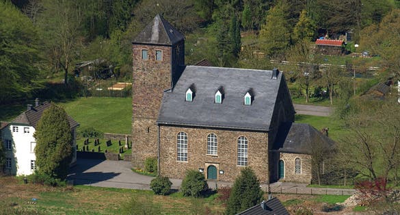 Aerial view to the protestant church of Solingen Burg