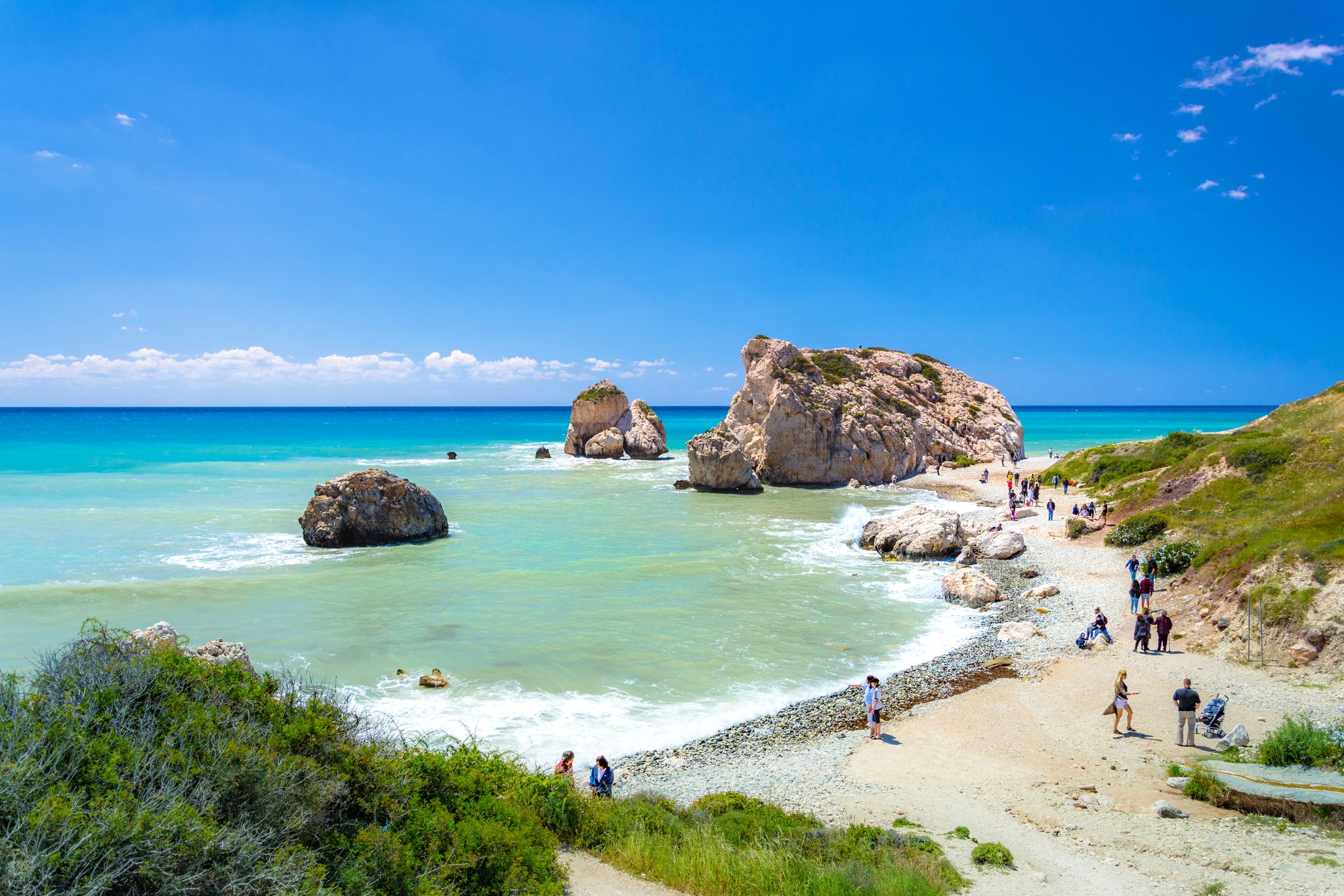 Photo of the famous beautiful beach of Aphrodite's rock or Venus rock, Petra tou Romiou, Cyprus.