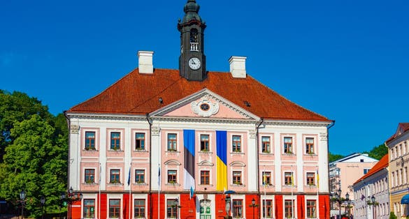 Town hall in Estonian town Tartu during a sunny day.