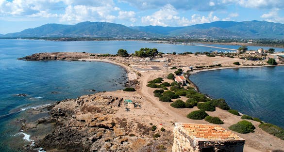 View from the Tower of Genoa to the peninsula and the sea (Nora, Sardinia).