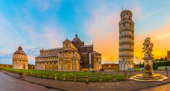 photo of panorama of piazza dei miracoli with leaning tower of pisa, Italy.