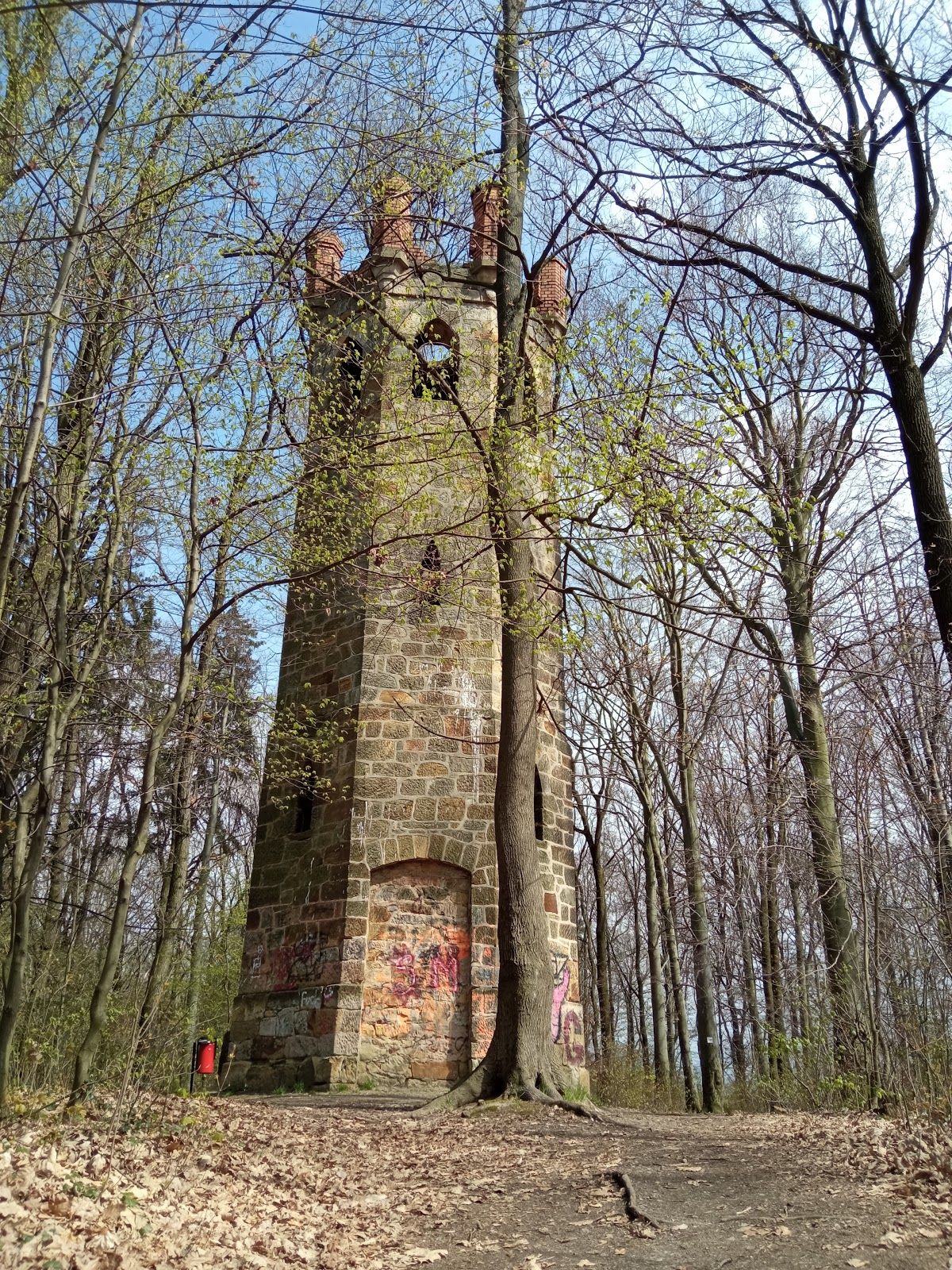 Ruiny neogotycka wieża widokowa "Jenny" usytuowane na wzgórzu leśnym przy ul. Piastów, Bolesławiec, Bolesławiec County, Lower Silesian Voivodeship, Poland