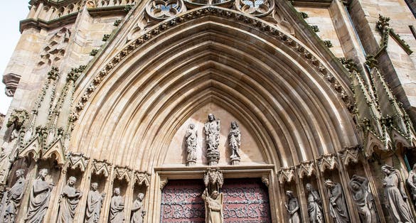 Statue of the Erfurt Cathedral and Collegiate Church of St Mary, Erfurt, Germany. Martin Luther was ordained in the cathedral in 1507