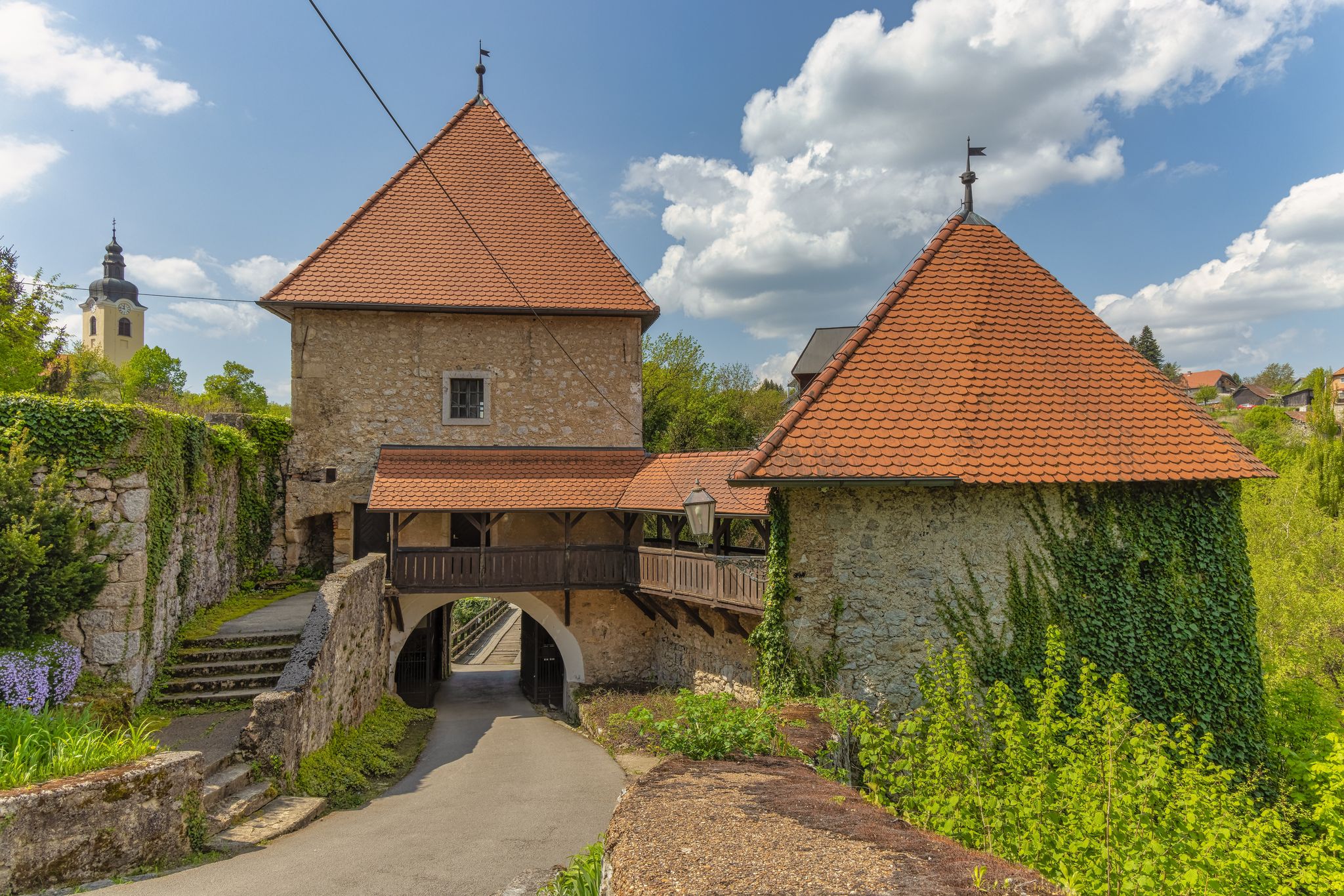 Photo of the entrance of the Old Castle and town Ozalj, built on a cliff over the Kupa river in 13th century, Croatia.