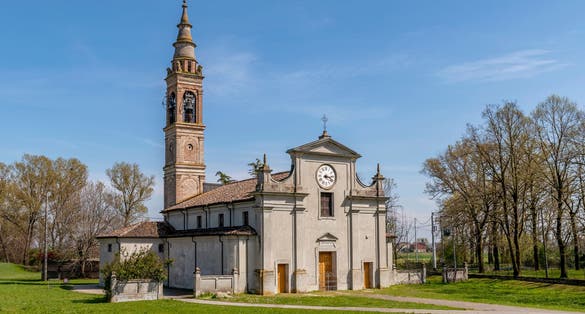 Church of the Annunciation of the Virgin Mary with neoclassical forms located in Castellina, hamlet of Soragna, Parma, Italy
