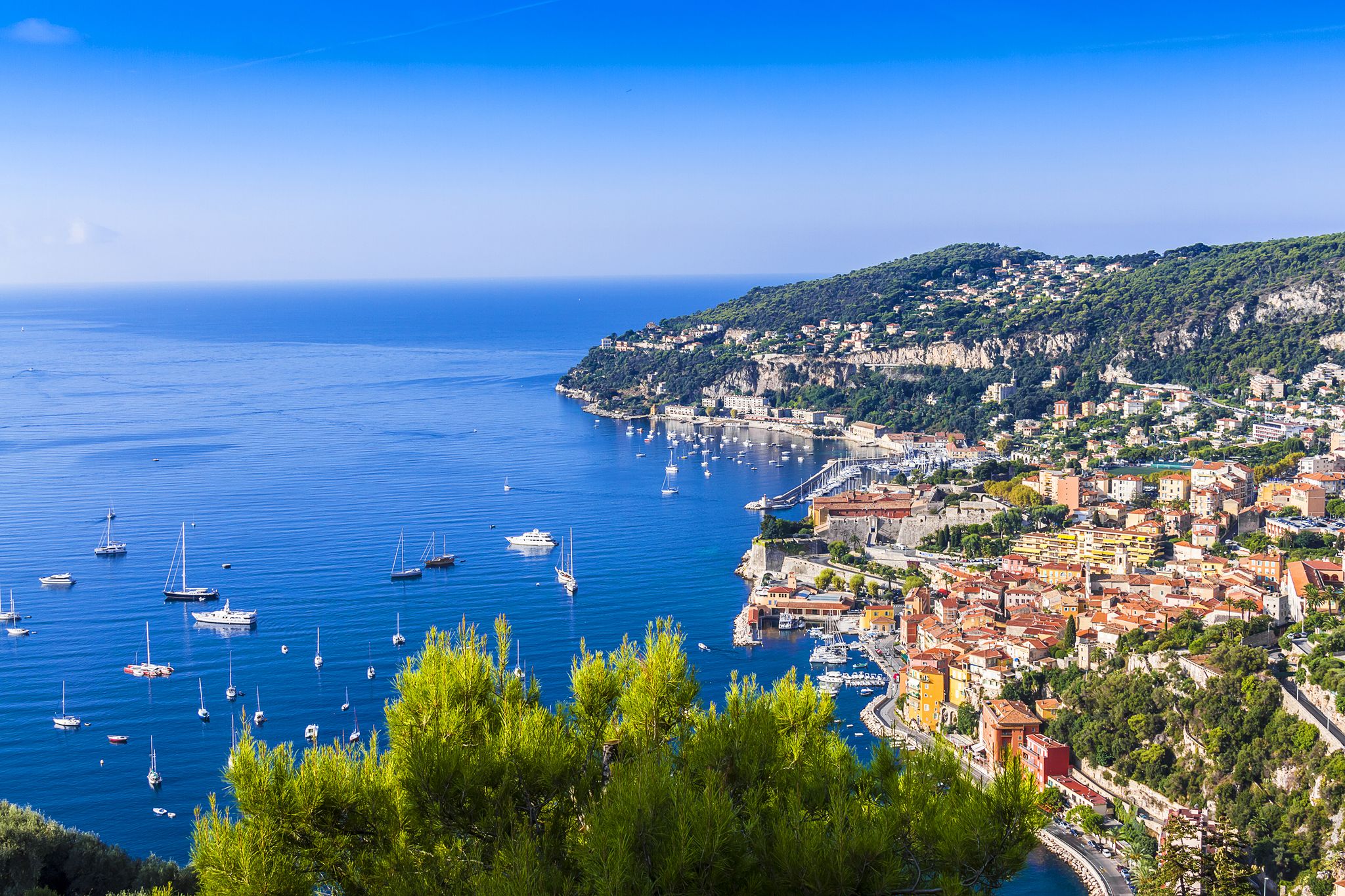 View of Mediterranean luxury resort and bay with yachts. Nice, Cote d'Azur, France. 