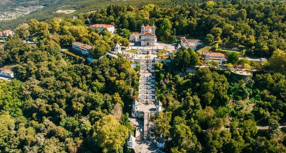Aerial panoramic view of Bom Jesus church in Braga, Portugal