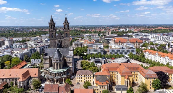 aerial view of the cathedral in magdeburg east germany
