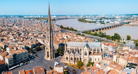 Photo of Bordeaux aerial panoramic view. Bordeaux is a port city on the Garonne river in Southwestern France.