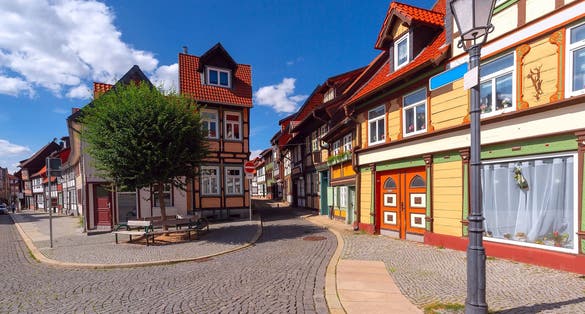 Medieval street with half-timbered houses in Wernigerode, Saxony-Anhalt, Germany