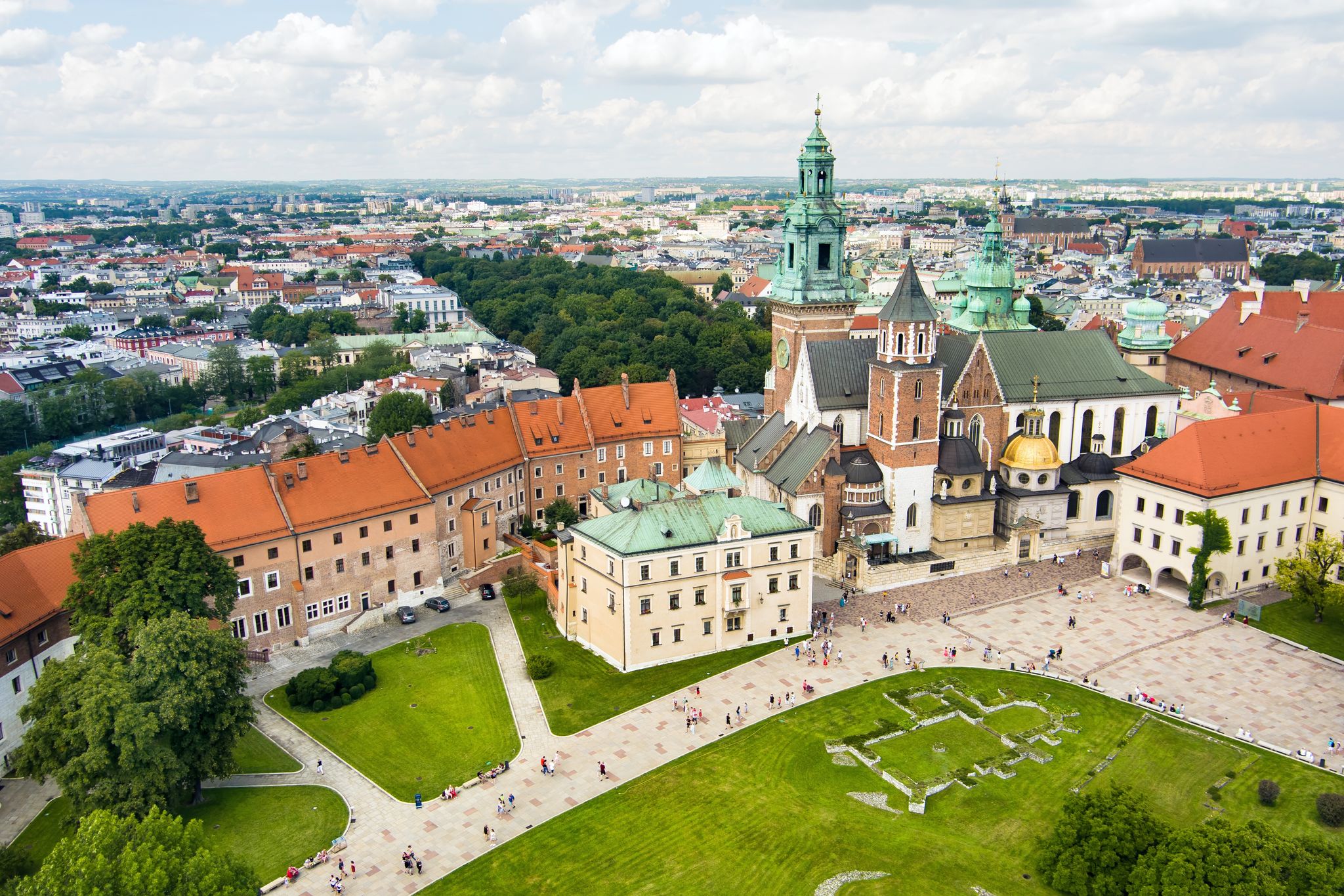 Photo of aerial view of The Wawel Royal Castle, a castle residency located in central Krakow. Wawel Royal Castle and the Wawel Hill constitute the most historically and culturally important site in Poland.