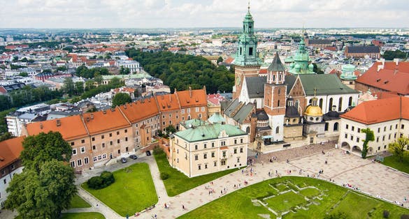 Photo of aerial view of The Wawel Royal Castle, a castle residency located in central Krakow. Wawel Royal Castle and the Wawel Hill constitute the most historically and culturally important site in Poland.