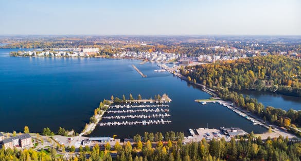 Aerial view to Lahti city and harbor at autumn morning, Finland