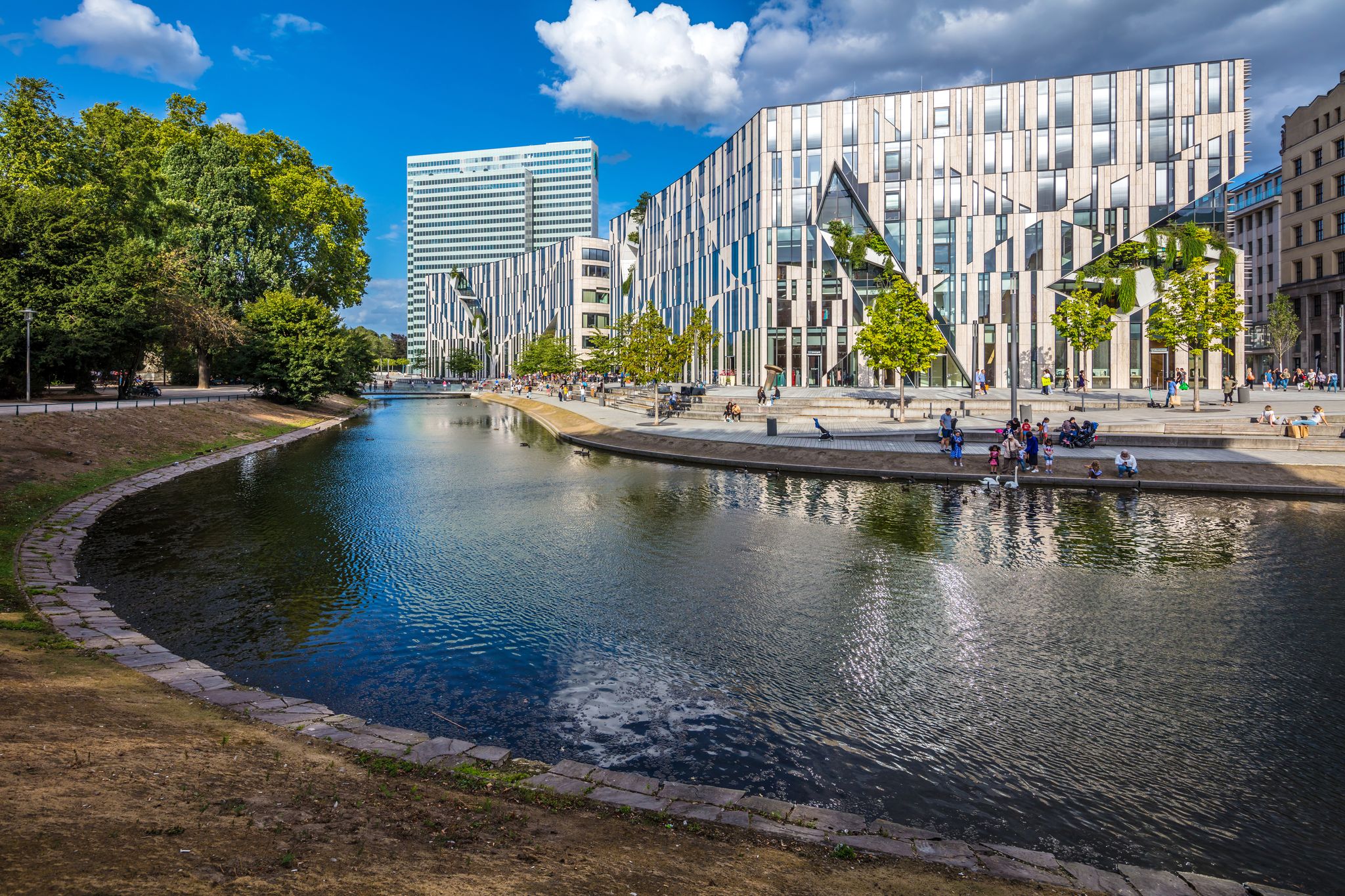 Photo of aerial view of the city ,Rheinturm and Media Harbour district in Dusseldorf city in Germany.