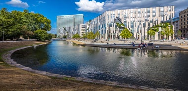 Photo of aerial view of the city ,Rheinturm and Media Harbour district in Dusseldorf city in Germany.