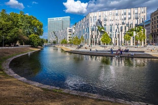 Photo of aerial view of the city ,Rheinturm and Media Harbour district in Dusseldorf city in Germany.