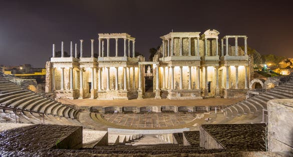 Photo of Night view of the The Roman Theatre Merida, Extremadura, Spain. Front view .