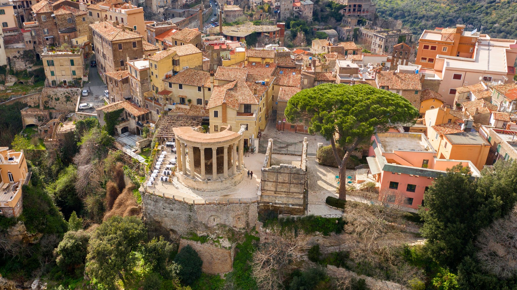 Aerial view of the temple of Sibyl in the park of Villa Gregoriana located in Tivoli, near Rome, Italy. It is an ancient Roman temple located on the acropolis of the city. It's of the Corinthian order