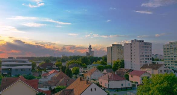 photo of view of Aerial view of sunset in the city. Sunset in Satu Mare, Romania. Cityscape.
