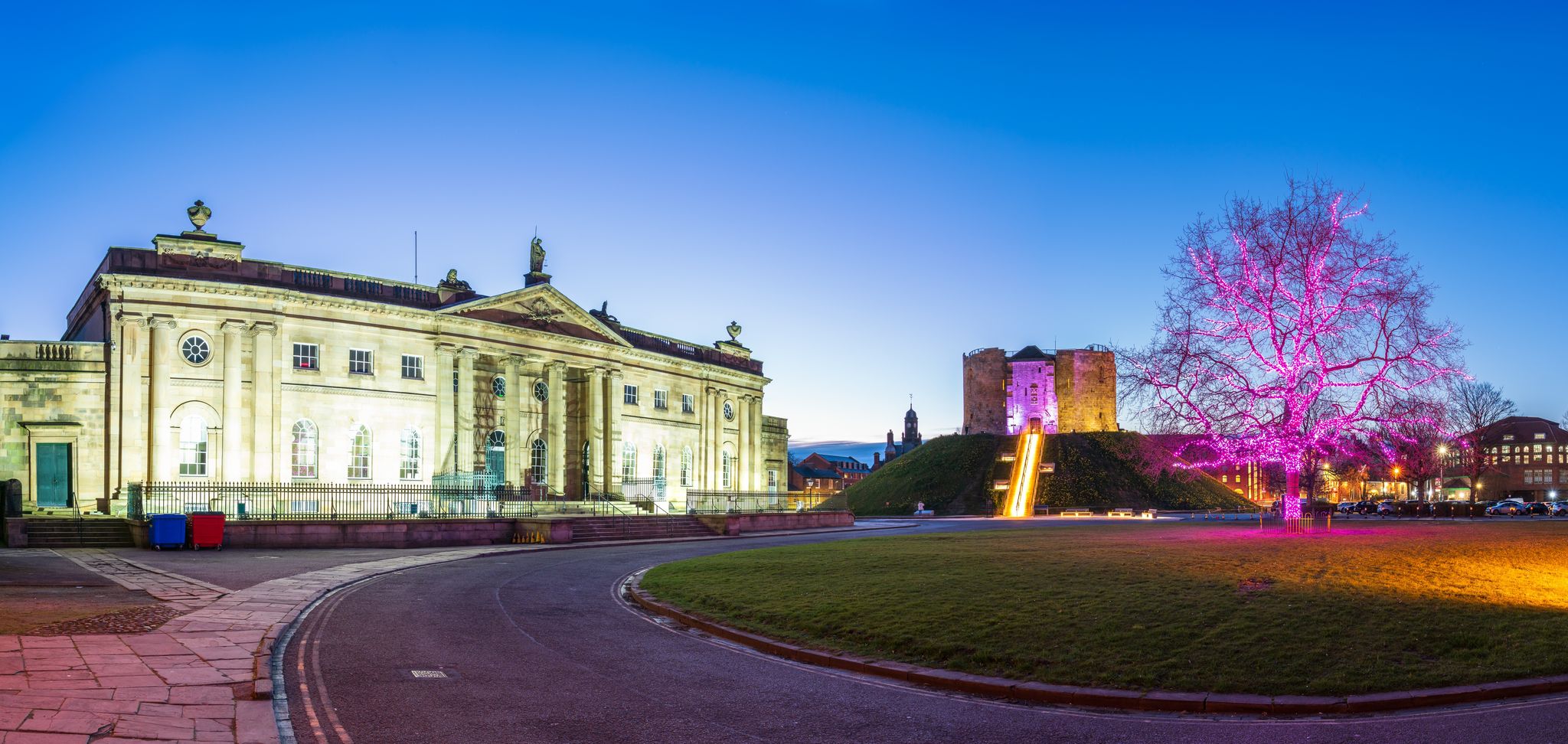 Photo of York castle at dusk near the crown square in York city, England.