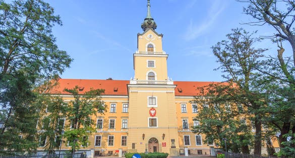 Photo of historic Lubomirski Castle, main entrance with tower.