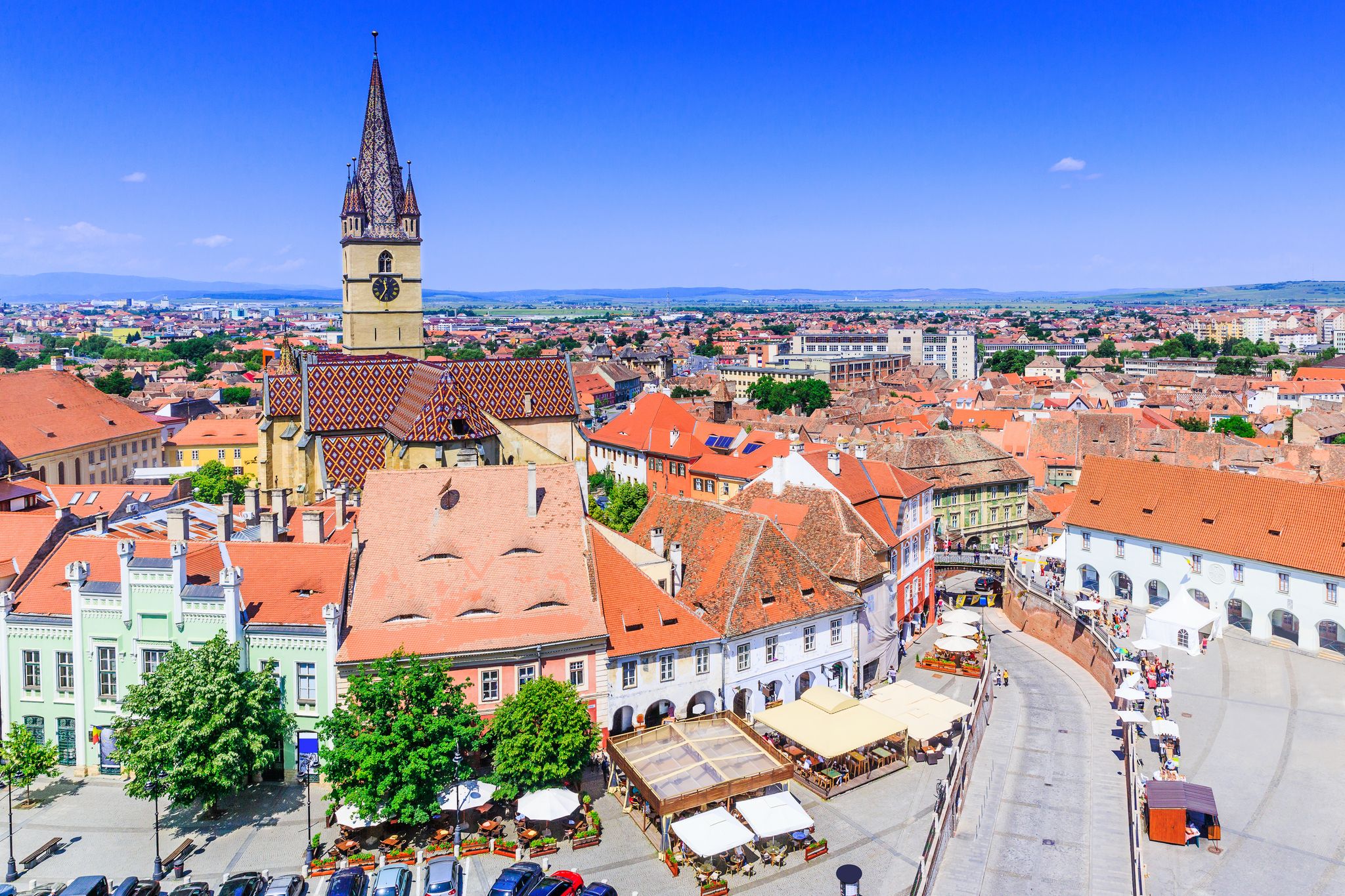 Photo of the Small Square piata mica, the second fortified square in the medieval Upper town of Sibiu city, Romania.