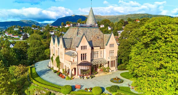 Aerial view of royal castle Gamlehaugen in Bergen, Norway