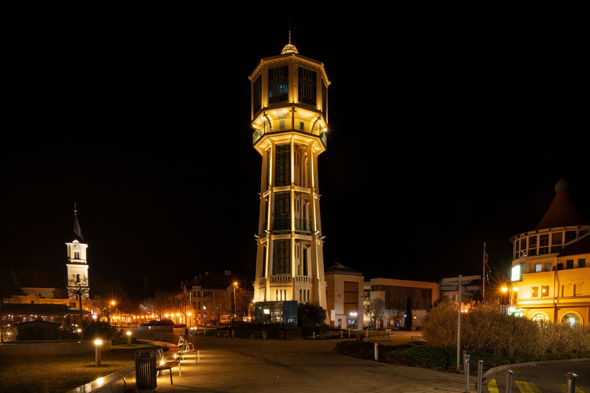 photo of view of the water tower of Siófok city at night, Siófok, Hungary.