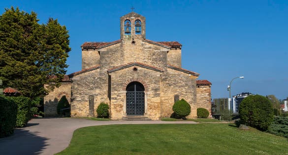 Front facade of the church San Julian de los Prados in Oviedo after a rain shower, romanesque UNESCO world heritage site, Asturias in Northern Spain