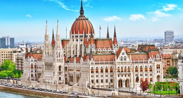 Photo of Hungarian Parliament at daytime. Budapest. One of the most beautiful buildings in the Hungarian capital.