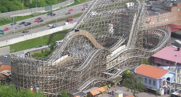 photo of aerial view of Balder roller coaster on Liseberg amusement park in Gothenburg, Sweden.