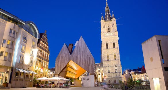 Photo of Belfry of Ghent showing night scenes, modern architecture and heritage architecture , Belgium.