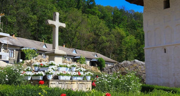 Photo of Women's Christian monastery in the village of Rud or Rudi, Republic of Moldova. The cross as the main religious symbol.