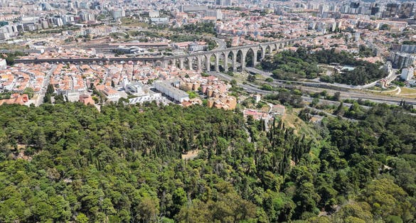 Beautiful aerial view to green park and old historic aqueduct